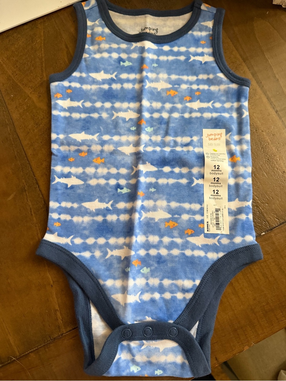 Jumping beans blue sleeveless bodysuit baby toddler size 12m fish sharks